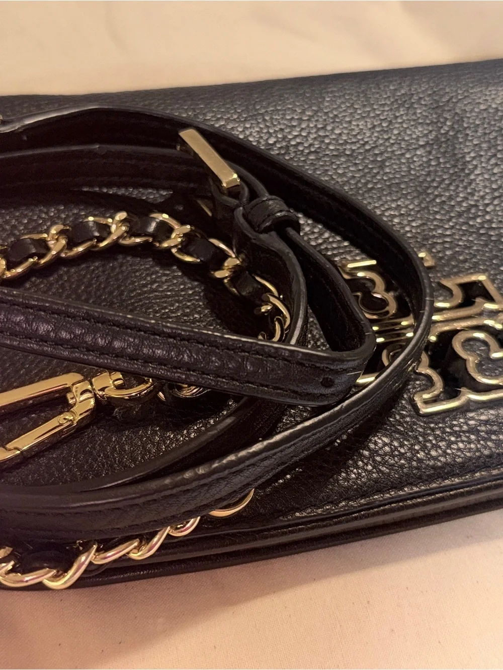 Tory Burch Black Pebbled Leather crossbody with Gold Logo